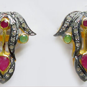 rose cut earrings 1.65 Tcw Ruby, Emerald Rose Cut Diamond 925 Sterling Silver victorian jewelry