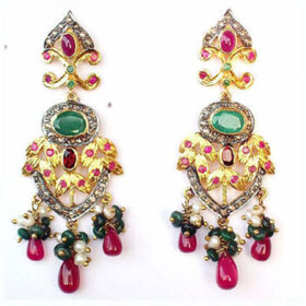 polki earrings 11 Tcw ruby, emerald, pearl Rose Cut Diamond 925 Sterling Silver vintage jewelry