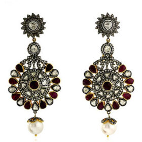 antique earrings 18.26 Tcw Ruby, Pearl Rose Cut Diamond 925 Sterling Silver vintage style jewelry