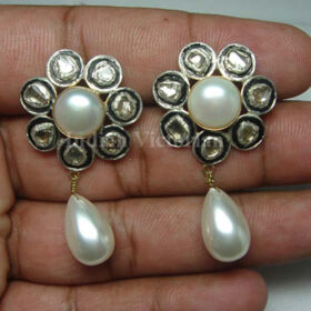 antique earrings 4.7 Tcw Pearl Rose Cut Diamond 925 Sterling Silver antique vintage jewelry