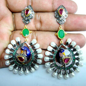 rose cut earrings 12 Tcw ruby, emerald, pearl Rose Cut Diamond 925 Sterling Silver victorian jewelry