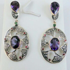 uncut earrings 8.65 Tcw amethyst, emerald, ruby Rose Cut Diamond 925 Sterling Silver antique jewelry