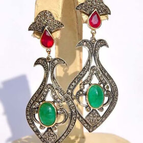 rose cut earrings 5.6 Tcw Ruby, Emerald Rose Cut Diamond 925 Sterling Silver antique vintage jewelry