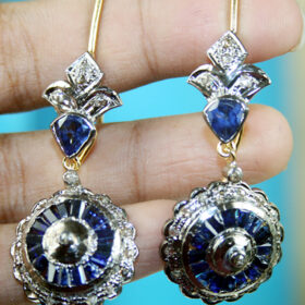 antique earrings 4 Tcw Blue Sapphire Rose Cut Diamond 925 Sterling Silver vintage style jewelry