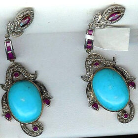 polki earrings 9.5 Tcw Turquoise, Ruby Rose Cut Diamond 925 Sterling Silver vintage art deco jewelry