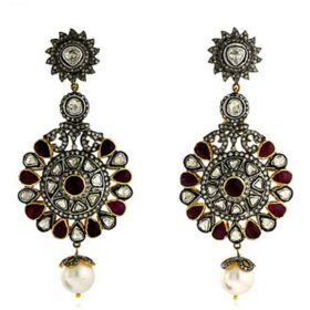 victorian earrings 19.1 Tcw Ruby, Pearl Rose Cut Diamond 925 Sterling Silver vintage art deco jewelry