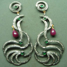 rose cut earrings 5.2 Tcw Emerald, Ruby Rose Cut Diamond 925 Sterling Silver vintage style jewelry