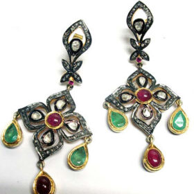 polki earrings 7.5 Tcw Emerald, Ruby Rose Cut Diamond 925 Sterling Silver fine antique jewelry