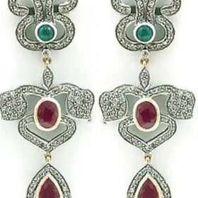 rose cut earrings 8.5 Tcw Emerald, Ruby Rose Cut Diamond 925 Sterling Silver victorian jewelry