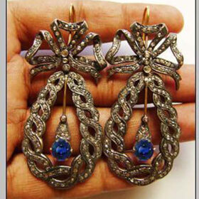 victorian earrings 3.6 Tcw Blue Sapphire Rose Cut Diamond 925 Sterling Silver fine antique jewelry