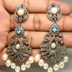 antique earrings 11.2 Tcw Topaz, Pearl Rose Cut Diamond 925 Sterling Silver victorian jewelry