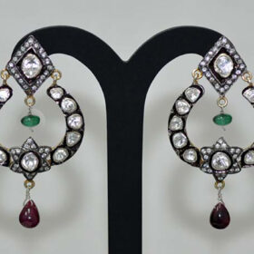 antique earrings 3.95 Tcw Emerald, Ruby Rose Cut Diamond 925 Sterling Silver vintage style jewelry