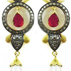 polki earrings 5.65 Tcw Ruby, Pearl Rose Cut Diamond 925 Sterling Silver vintage art deco jewelry