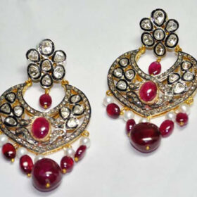 uncut earrings 6.5 Tcw Ruby, Pearl Rose Cut Diamond 925 Sterling Silver antique jewelry