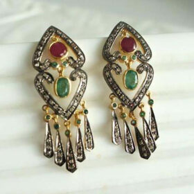 antique earrings 3.4 Tcw Emerald, Ruby Rose Cut Diamond 925 Sterling Silver victorian jewelry