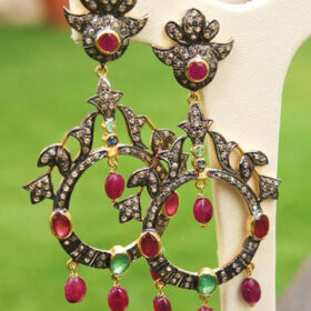 vintage earrings 5.8 Tcw Emerald, Ruby Rose Cut Diamond 925 Sterling Silver antique jewelry