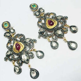 victorian earrings 5.6 Tcw Emerald, Ruby Rose Cut Diamond 925 Sterling Silver vintage art deco jewelry