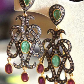 antique earrings 6.87 Tcw Emerald, Ruby Rose Cut Diamond 925 Sterling Silver antique vintage jewelry
