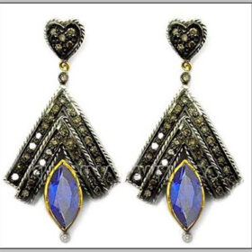 polki earrings 3.6 Tcw Blue Sapphire Rose Cut Diamond 925 Sterling Silver fine antique jewelry
