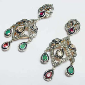 vintage earrings 5.7 Tcw Ruby, emerald Rose Cut Diamond 925 Sterling Silver art deco jewelry