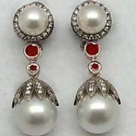 victorian earrings 5.5 Tcw Ruby, Pearl Rose Cut Diamond 925 Sterling Silver vintage art deco jewelry