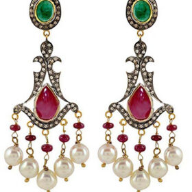 rose cut earrings 22 Tcw emerald, ruby, pearl Rose Cut Diamond 925 Sterling Silver victorian jewelry