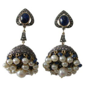 victorian earrings 19.4 Tcw sapphire, pearl Rose Cut Diamond 925 Sterling Silver fine antique jewelry