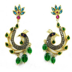 polki earrings 4.2 Tcw topaz, emerald Rose Cut Diamond 925 Sterling Silver vintage jewelry