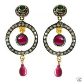 vintage earrings 5.5 Tcw ruby, emerald Rose Cut Diamond 925 Sterling Silver art deco jewelry