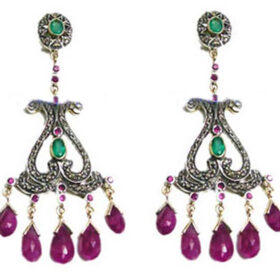 uncut earrings 7.5 Tcw Emerald, ruby Rose Cut Diamond 925 Sterling Silver antique jewelry