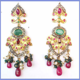 rose cut earrings 5.5 Tcw ruby, emerald, pearl Rose Cut Diamond 925 Sterling Silver antique vintage jewelry