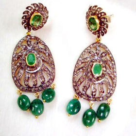 polki earrings 15 Tcw Emerald, Onyx Rose Cut Diamond 925 Sterling Silver fine antique jewelry