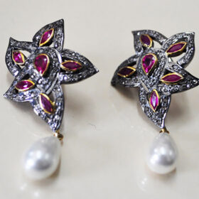 vintage earrings 5.65 Tcw Pearl, ruby Rose Cut Diamond 925 Sterling Silver antique jewelry