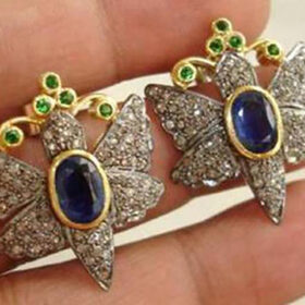 rose cut earrings 4.02 Tcw Emerald, Blue Sapphire Rose Cut Diamond 925 Sterling Silver victorian jewelry