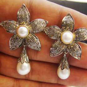 rose cut earrings 4.46 Tcw Pearl Rose Cut Diamond 925 Sterling Silver antique vintage jewelry
