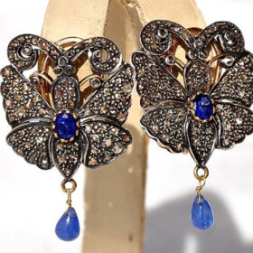uncut earrings 3.4 Tcw Blue Sapphire Rose Cut Diamond 925 Sterling Silver art deco jewelry