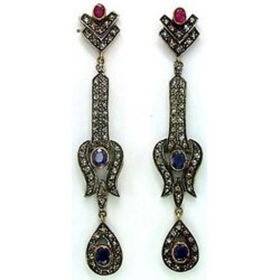 uncut earrings 4 Tcw Ruby, Blue Sapphire Rose Cut Diamond 925 Sterling Silver antique jewelry