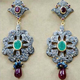 victorian earrings 6.25 Tcw Emerald, Ruby Rose Cut Diamond 925 Sterling Silver vintage jewelry