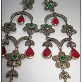 rose cut earrings 5.6 Tcw Emerald, Ruby Rose Cut Diamond 925 Sterling Silver antique vintage jewelry