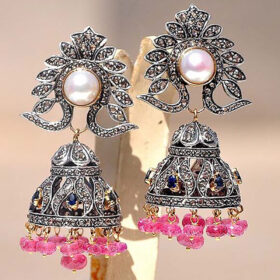 uncut earrings 8.45 Tcw ruby, sapphire, pearl Rose Cut Diamond 925 Sterling Silver art deco jewelry