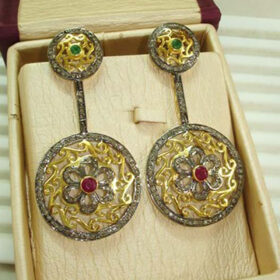 rose cut earrings 3.18 Tcw Emerald, Ruby Rose Cut Diamond 925 Sterling Silver victorian jewelry