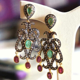 uncut earrings 8.6 Tcw Emerald, Ruby Rose Cut Diamond 925 Sterling Silver antique jewelry