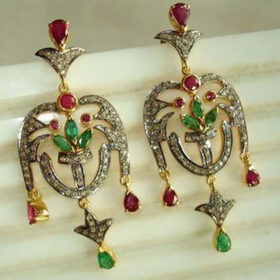 rose cut earrings 6.3 Tcw Emerald, Ruby Rose Cut Diamond 925 Sterling Silver antique vintage jewelry