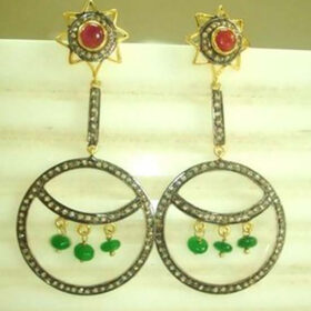 uncut earrings 3.5 Tcw Emerald, Ruby Rose Cut Diamond 925 Sterling Silver vintage diamond jewelry