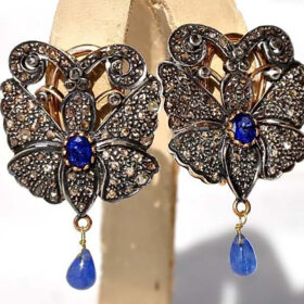 victorian earrings 3.6 Tcw Blue Sapphire Rose Cut Diamond 925 Sterling Silver fine antique jewelry