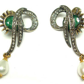 victorian earrings 3.8 Tcw Emerald, Pearl Rose Cut Diamond 925 Sterling Silver vintage art deco jewelry