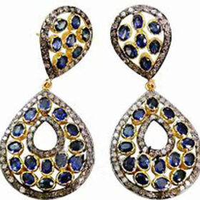 polki earrings 4.6 Tcw Blue Sapphire Rose Cut Diamond 925 Sterling Silver fine antique jewelry