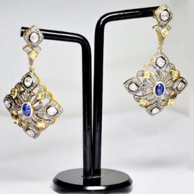 antique earrings 3.5 Tcw Blue Sapphire Rose Cut Diamond 925 Sterling Silver vintage style jewelry