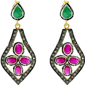 vintage earrings 5.25 Tcw Emerald, Ruby Rose Cut Diamond 925 Sterling Silver art deco jewelry