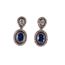 uncut earrings 4.1 Tcw Blue Sapphire Rose Cut Diamond 925 Sterling Silver antique jewelry